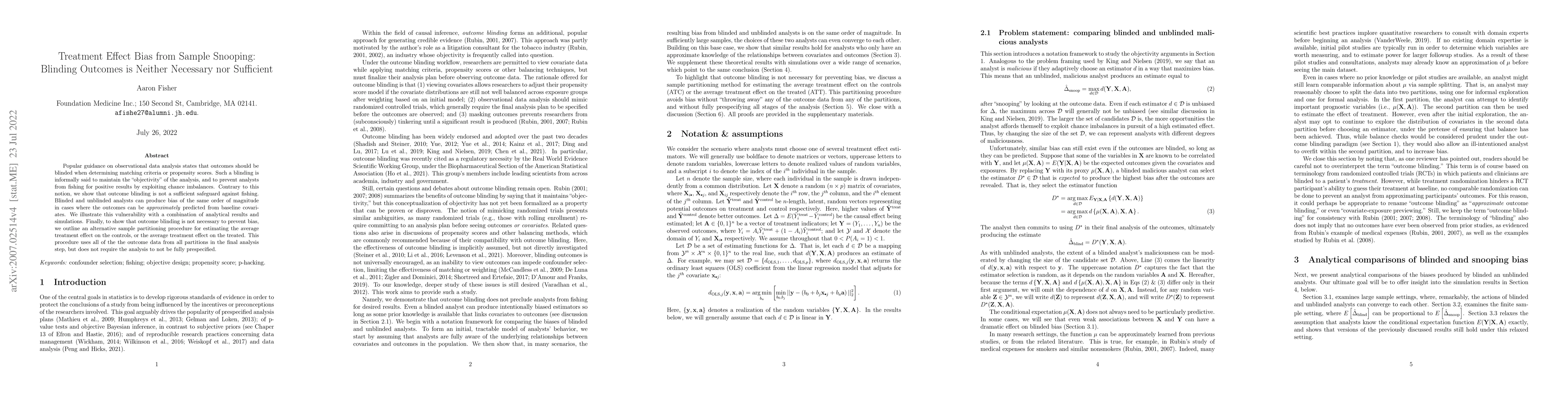 Thumbnail for Treatment Effect Bias from Sample Snooping: Blinding Outcomes is Neither
  Necessary nor Sufficient