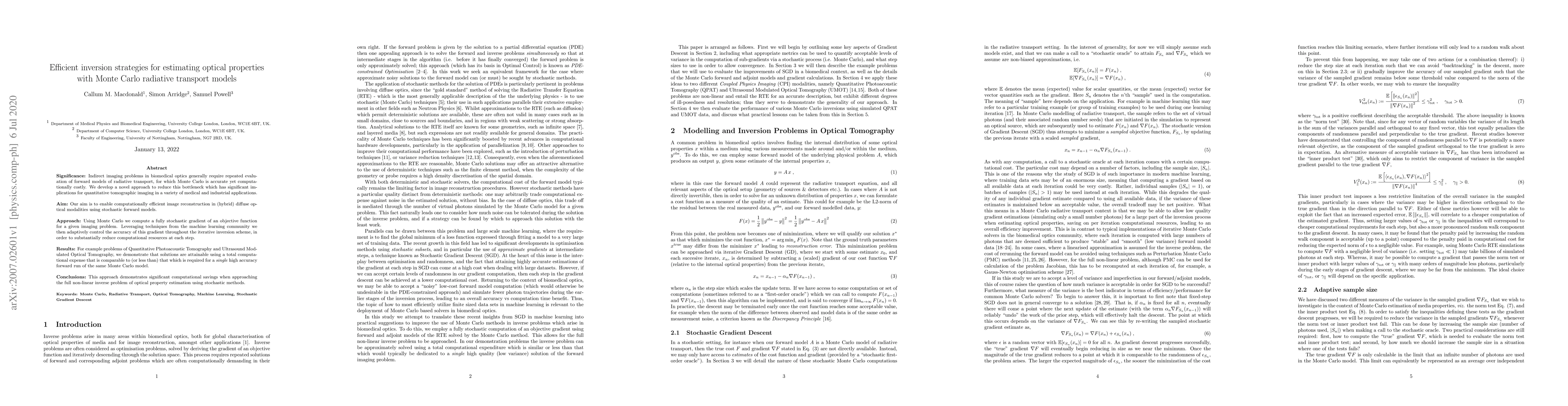 Thumbnail for Efficient inversion strategies for estimating optical properties with
  Monte Carlo radiative transport models