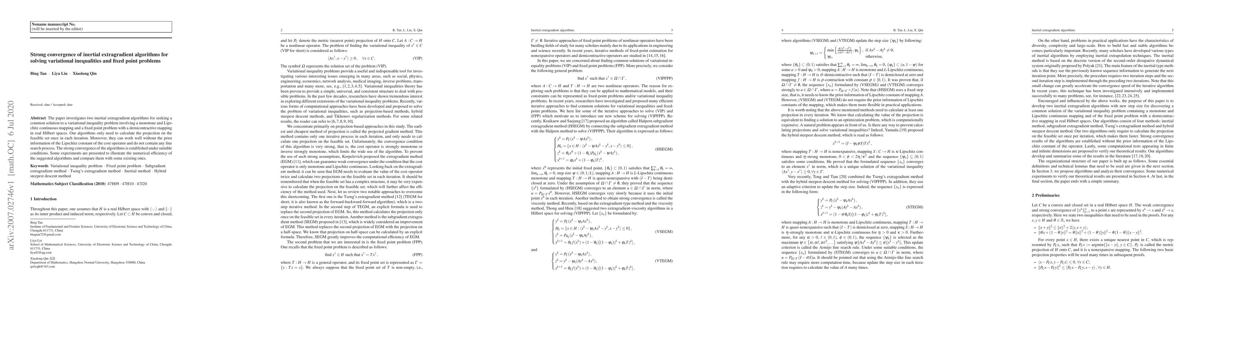Thumbnail for Strong convergence of inertial extragradient algorithms for solving
  variational inequalities and fixed point problems