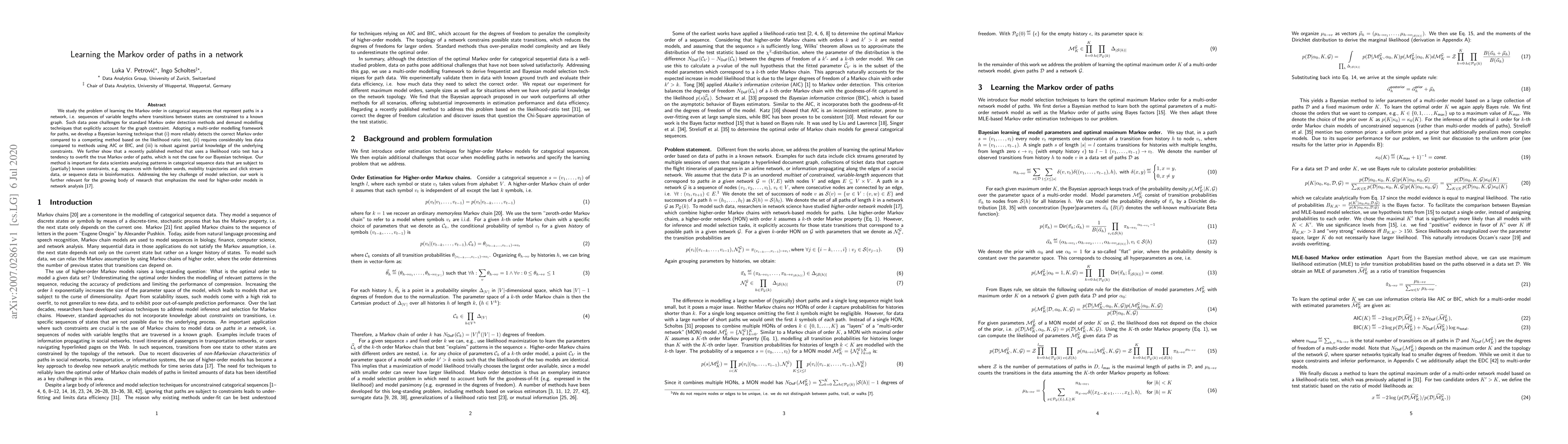 Thumbnail for Learning the Markov order of paths in a network