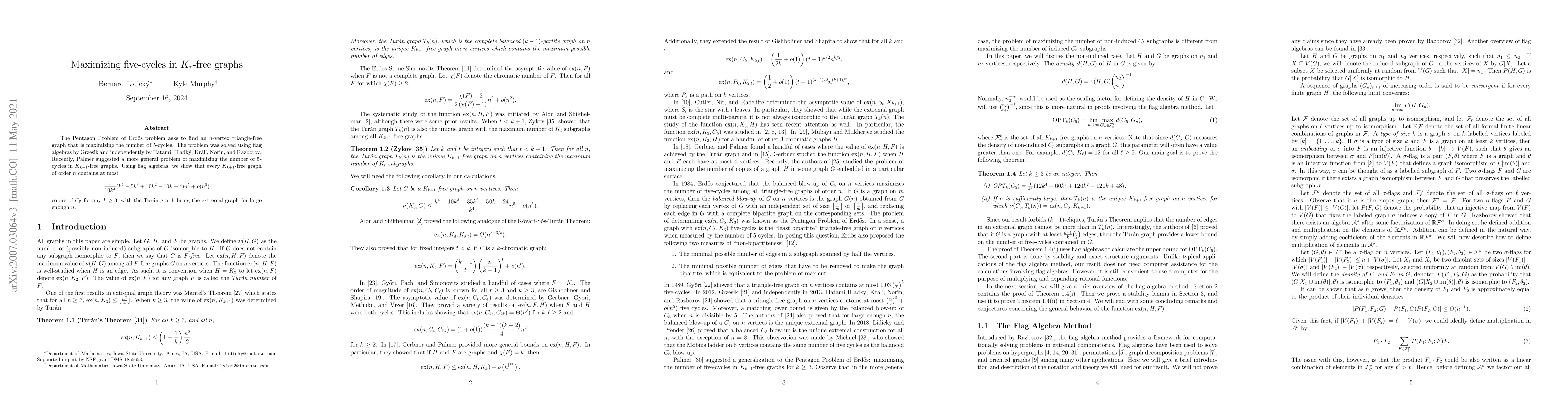 Thumbnail for Maximizing five-cycles in $K_r$-free graphs