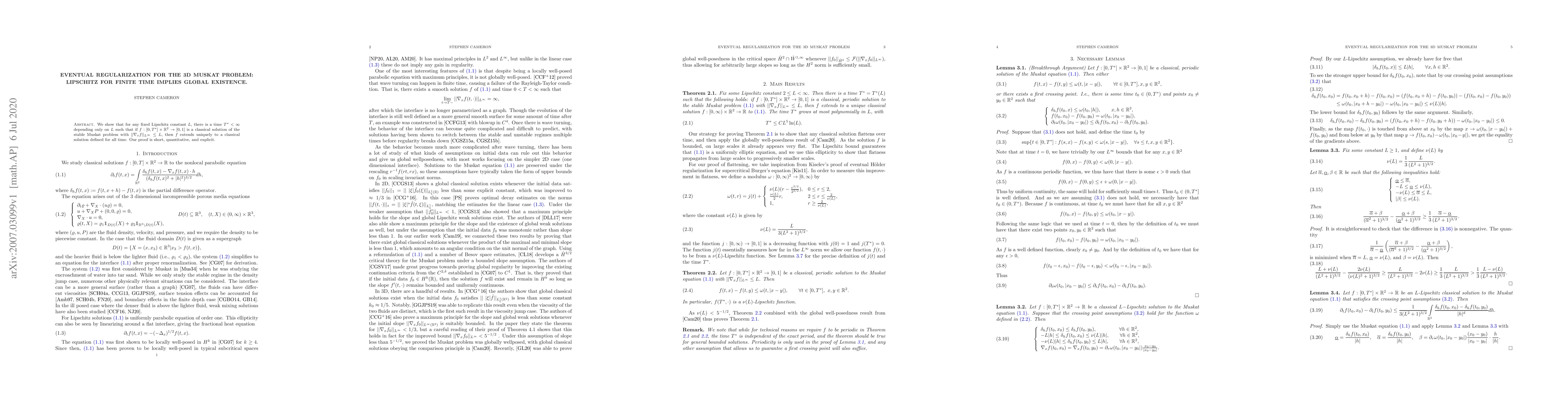 Thumbnail for Eventual regularization for the 3D Muskat problem: Lipschitz for finite
  time implies global existence