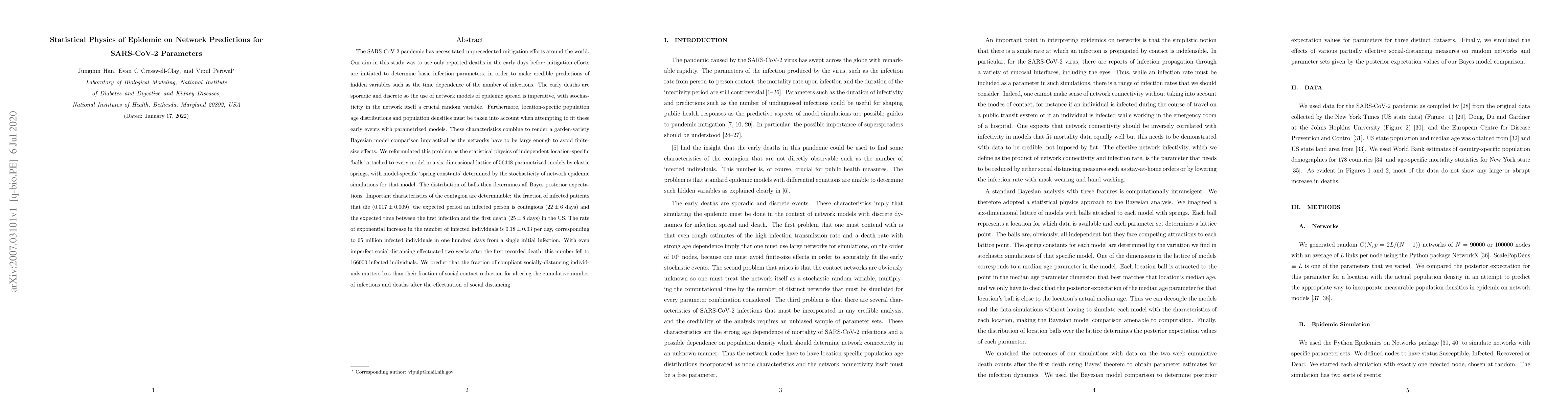 Thumbnail for Statistical Physics of Epidemic on Network Predictions for SARS-CoV-2
  Parameters