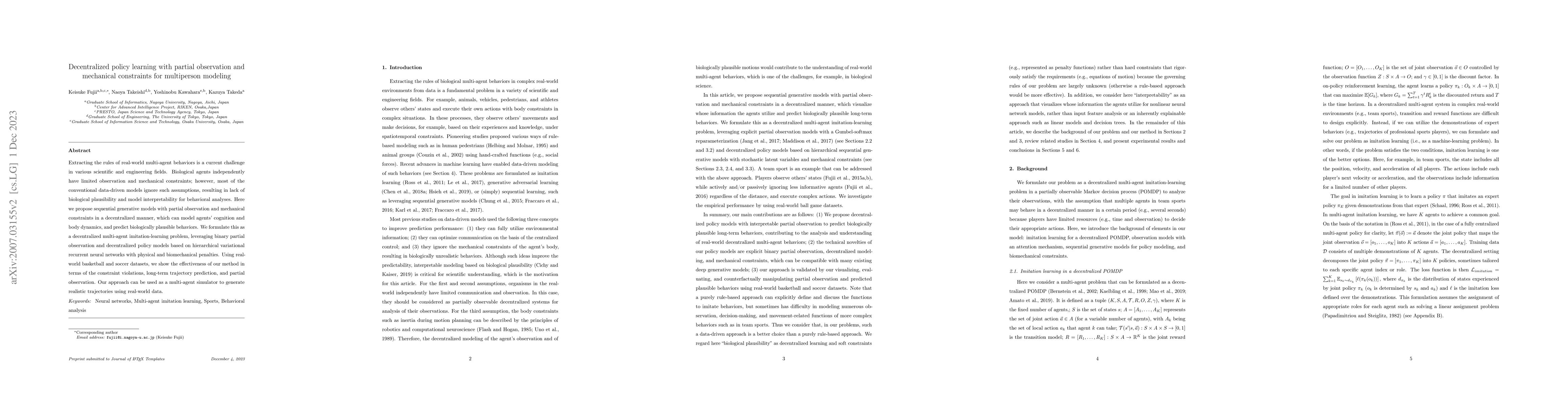 Thumbnail for Decentralized policy learning with partial observation and mechanical
  constraints for multiperson modeling