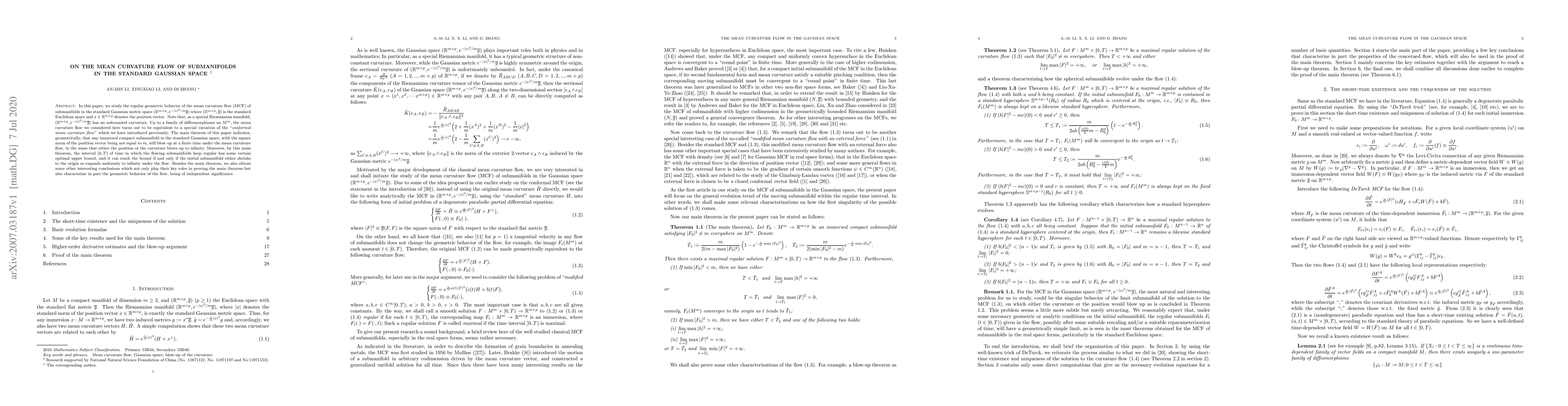 Thumbnail for On the mean curvature flow of submanifolds in the standard Gaussian
  space $^\dag$