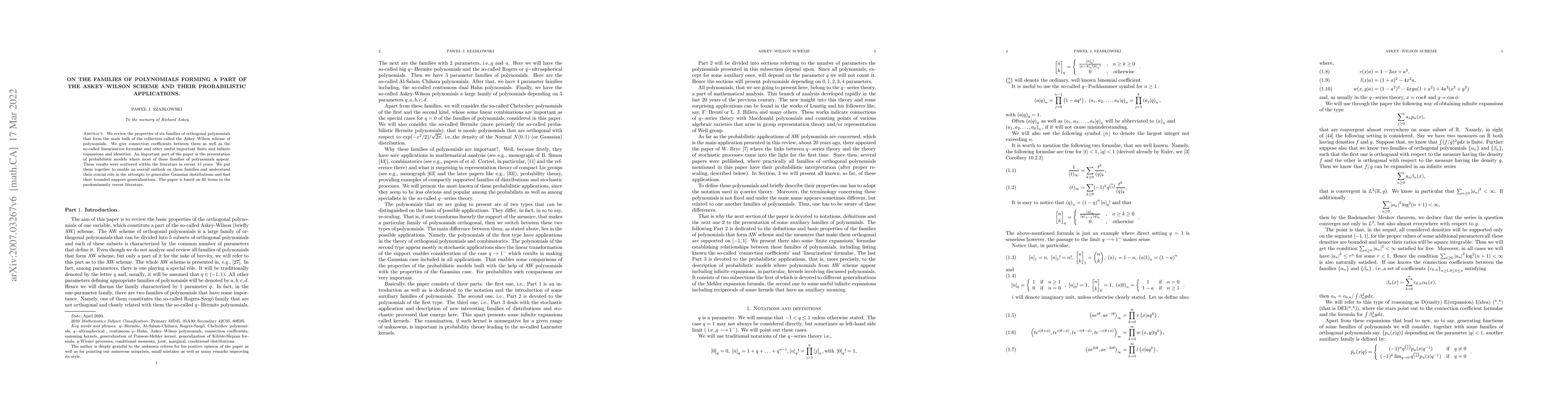 Thumbnail for On the families of polynomials forming a part of the Askey--Wilson
  scheme and their probabilistic applications