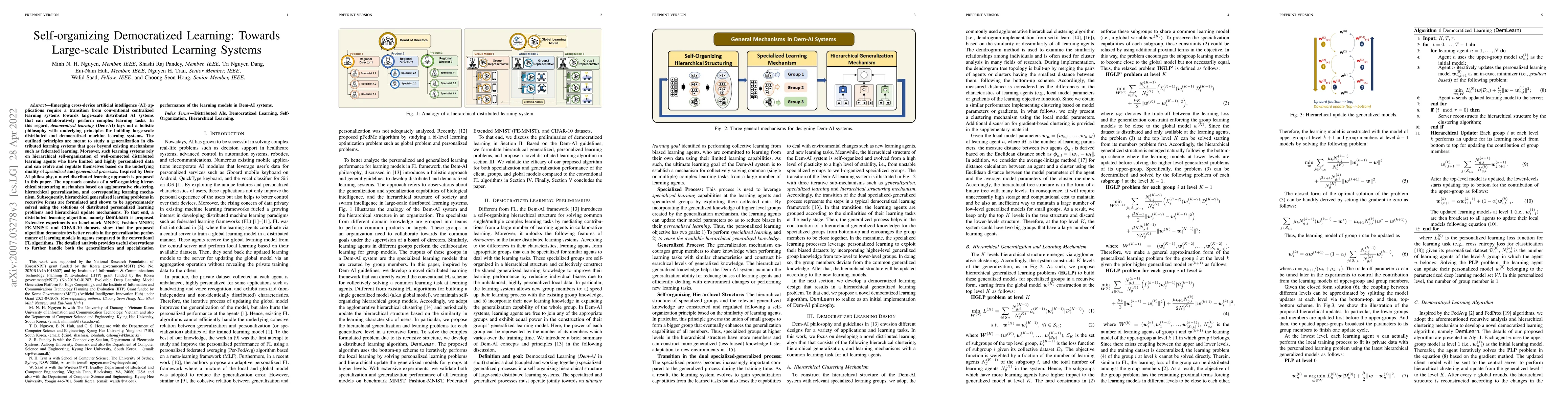 Thumbnail for Self-organizing Democratized Learning: Towards Large-scale Distributed
  Learning Systems