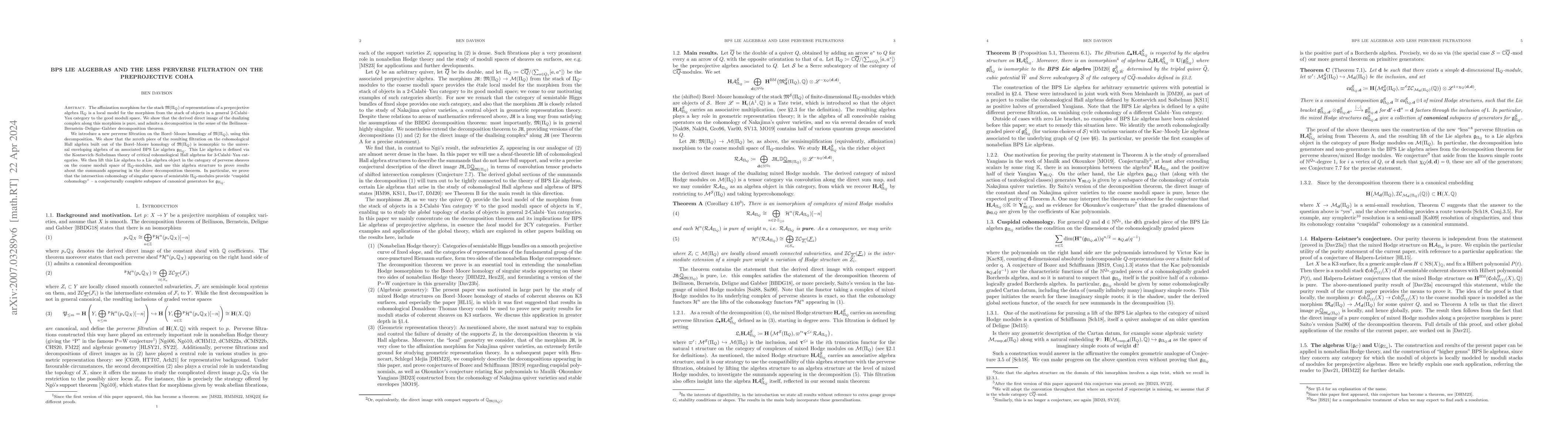 Thumbnail for BPS Lie algebras and the less perverse filtration on the preprojective
  CoHA