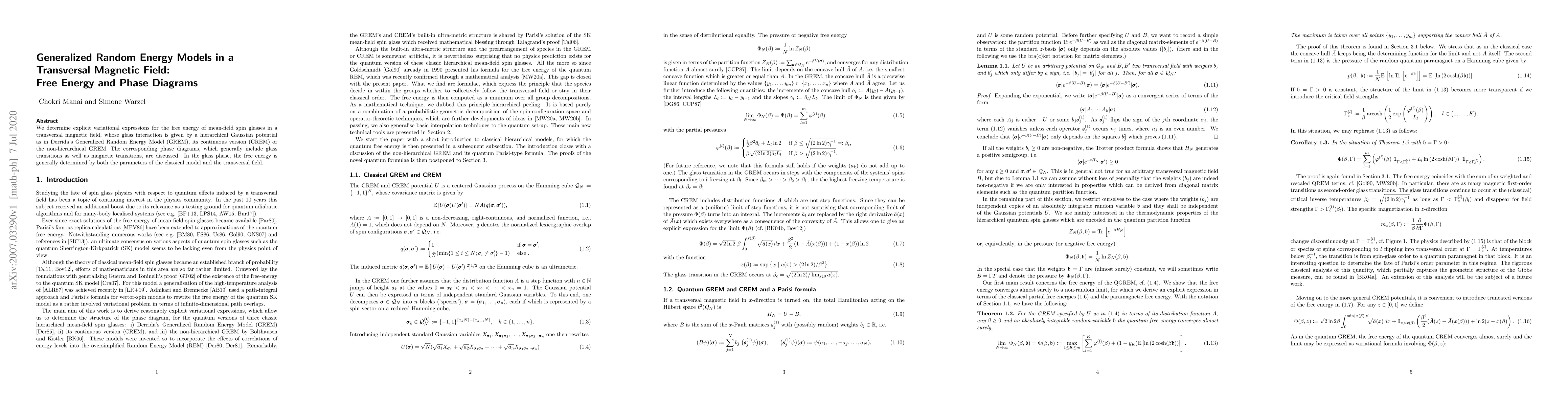 Thumbnail for Generalized Random Energy Models in a Transversal Magnetic Field: Free
  Energy and Phase Diagrams