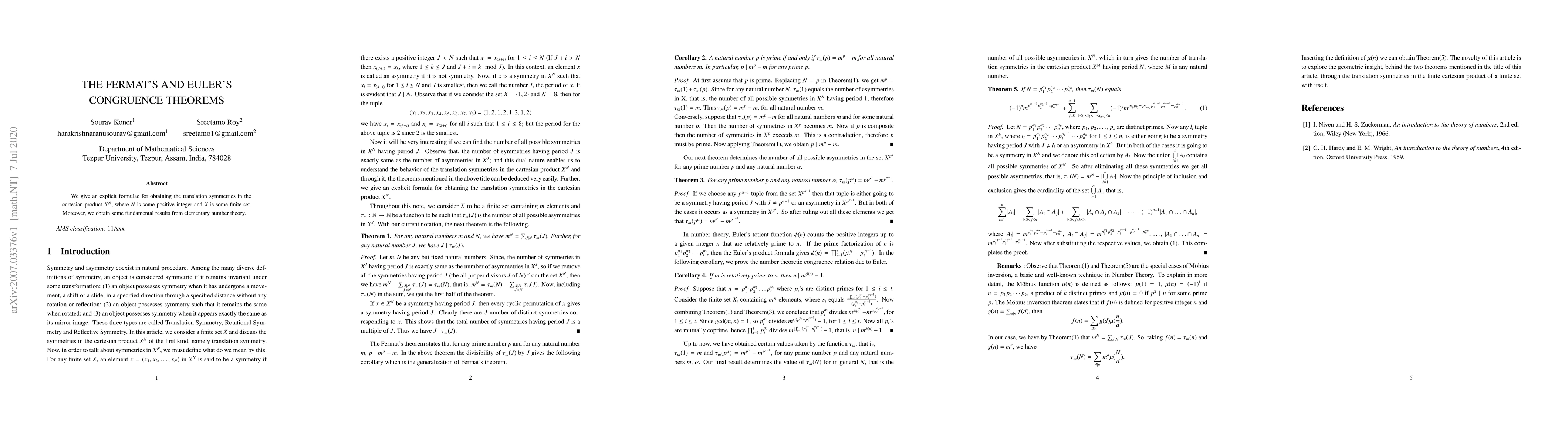 Thumbnail for The Fermat's and Euler's congruence theorems