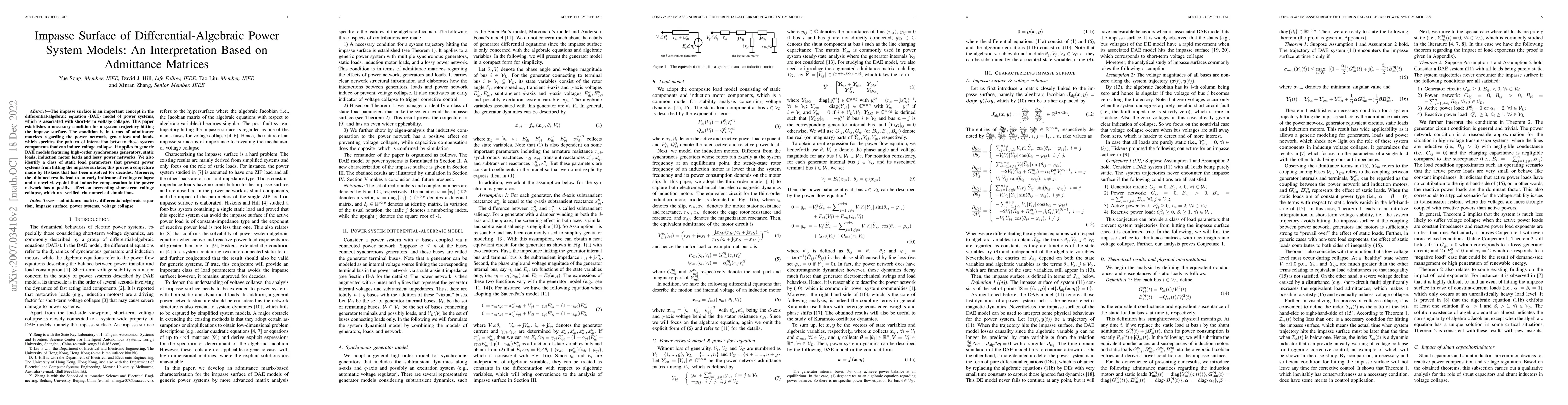 Thumbnail for Impasse Surface of Differential-Algebraic Power System Models: An
  Interpretation Based on Admittance Matrices