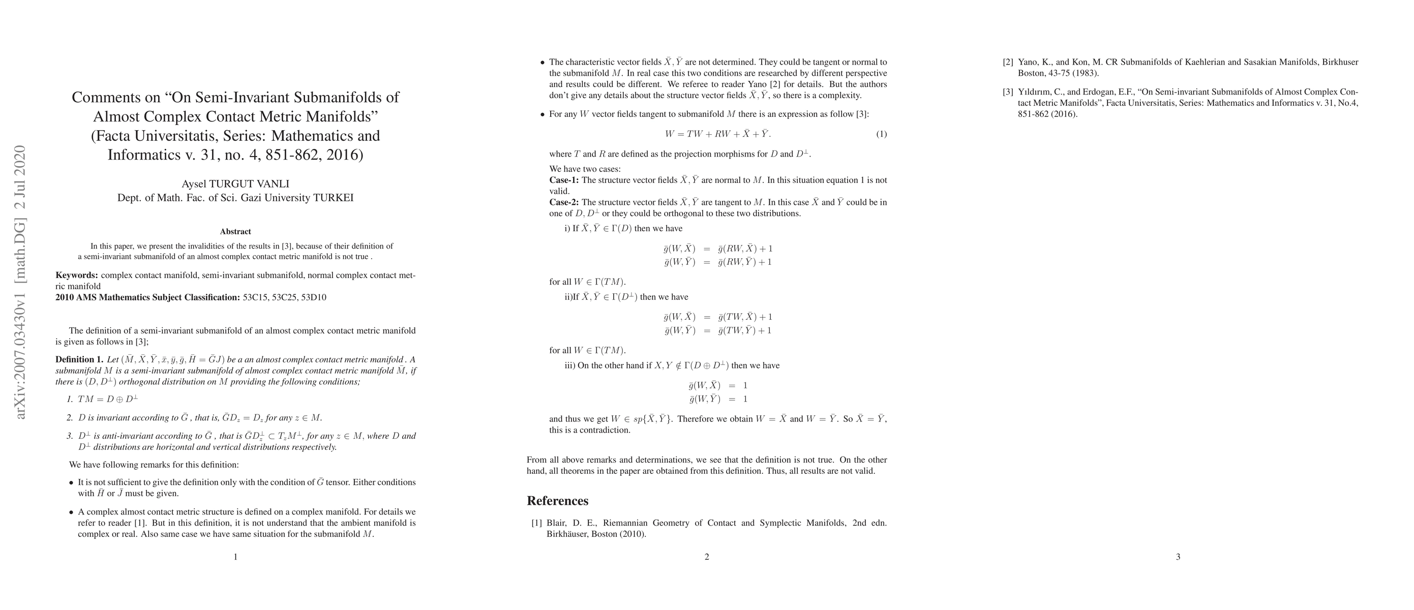 Thumbnail for Comments on "On Semi-Invariant Submanifolds of Almost Complex Contact
  Metric Manifolds" (Facta Universitatis, Series: Mathematics and Informatics
  v. 31, no. 4, 851-862, 2016)