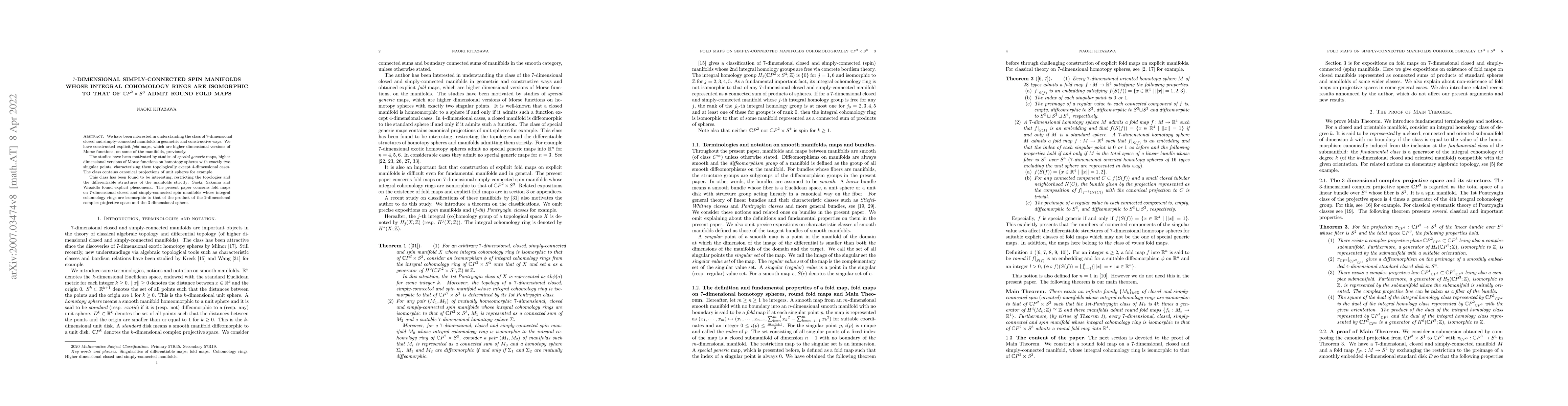 Thumbnail for 7-dimensional simply-connected spin manifolds whose integral cohomology
  rings are isomorphic to that of ${\mathbb{C}P}^2 \times S^3$ admit round fold
  maps