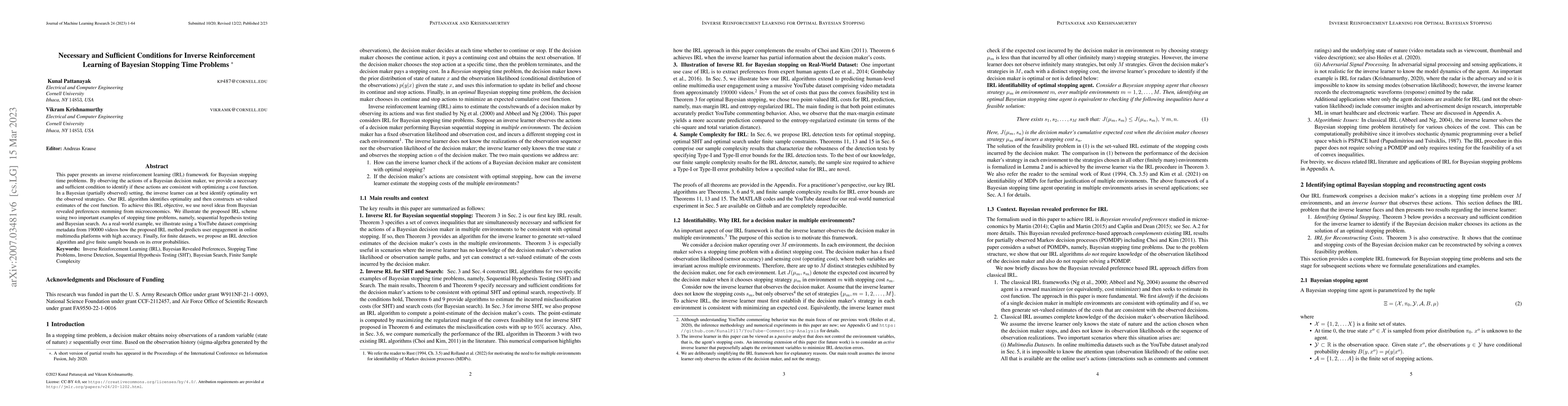 Thumbnail for Necessary and Sufficient Conditions for Inverse Reinforcement Learning
  of Bayesian Stopping Time Problems