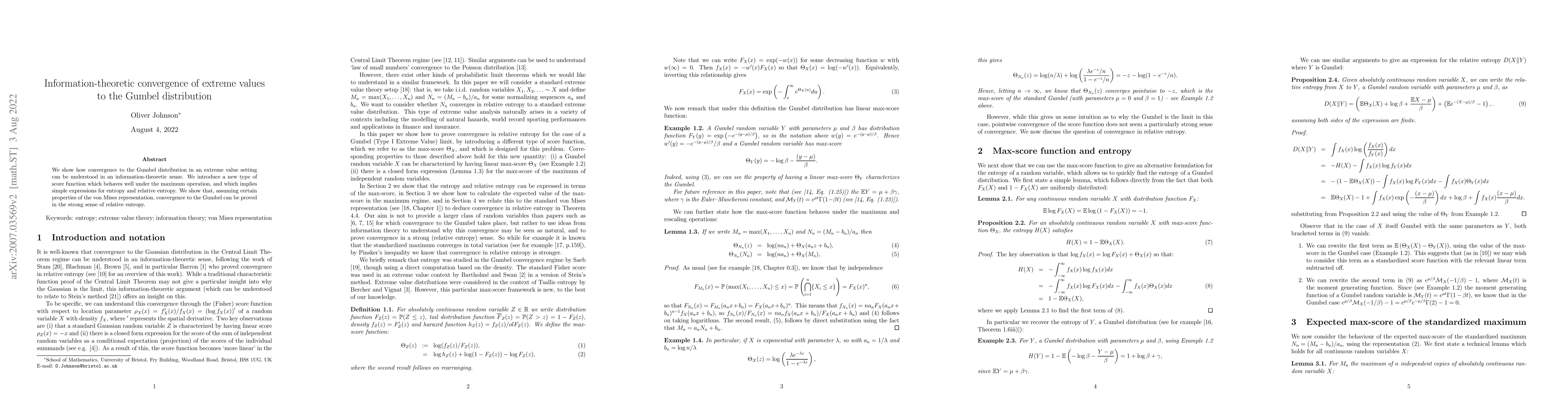 Thumbnail for Information-theoretic convergence of extreme values to the Gumbel
  distribution