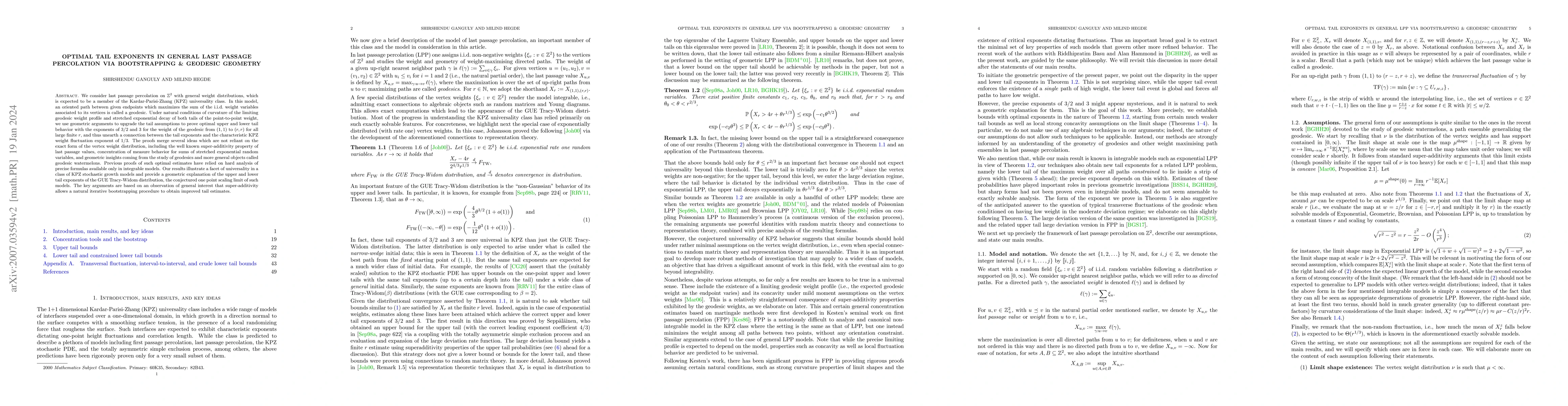 Thumbnail for Optimal tail exponents in general last passage percolation via
  bootstrapping & geodesic geometry
