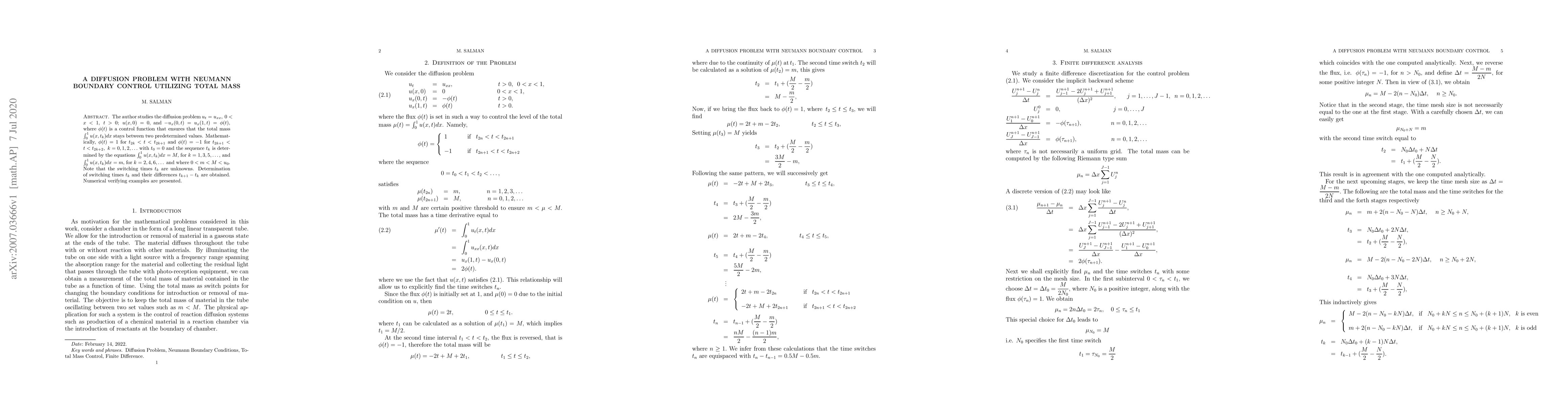 Thumbnail for A Diffusion Problem with Neumann Boundary Control Utilizing Total Mass