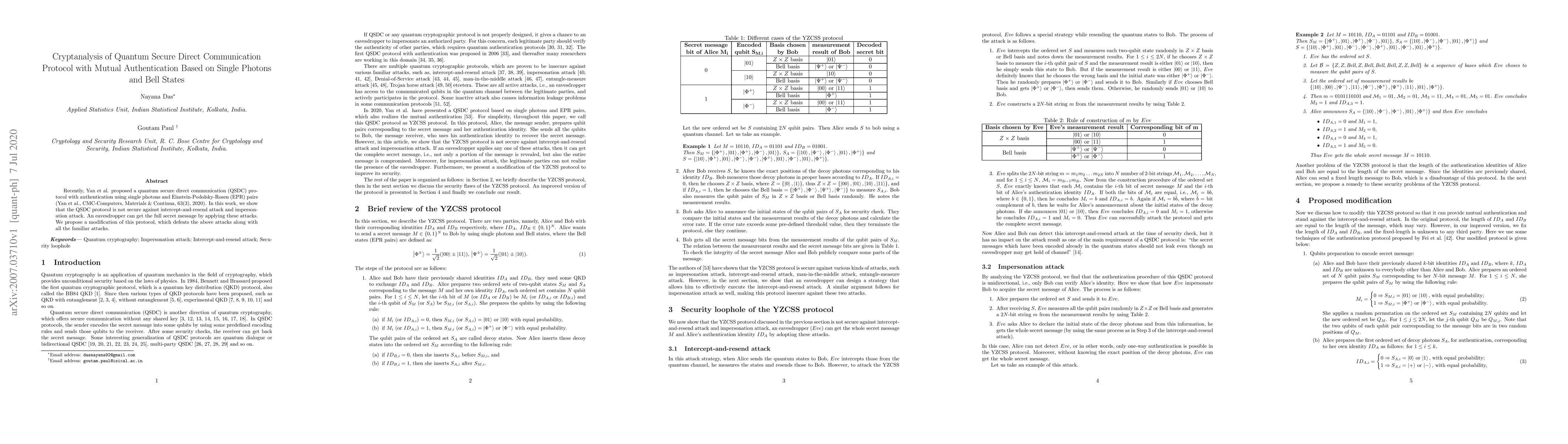Thumbnail for Cryptanalysis of Quantum Secure Direct Communication Protocol with
  Mutual Authentication Based on Single Photons and Bell States
