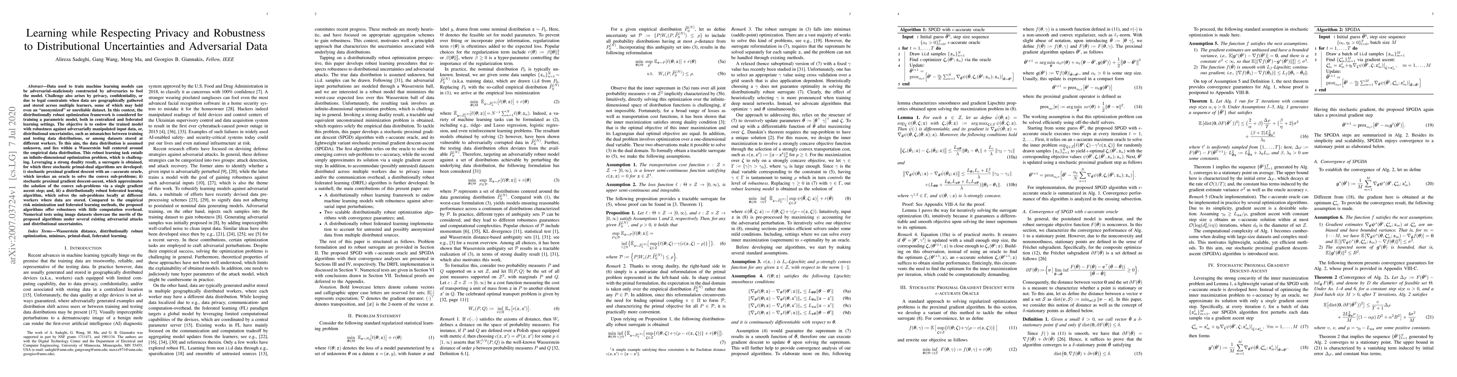 Thumbnail for Learning while Respecting Privacy and Robustness to Distributional
  Uncertainties and Adversarial Data