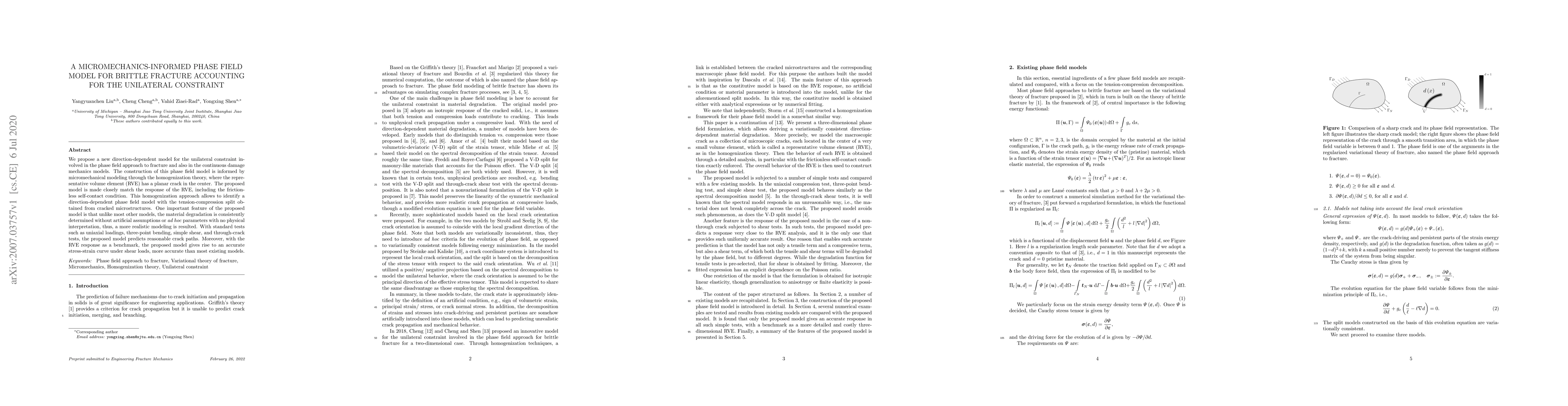 Thumbnail for A micromechanics-informed phase field model for brittle fracture
  accounting for the unilateral constraint