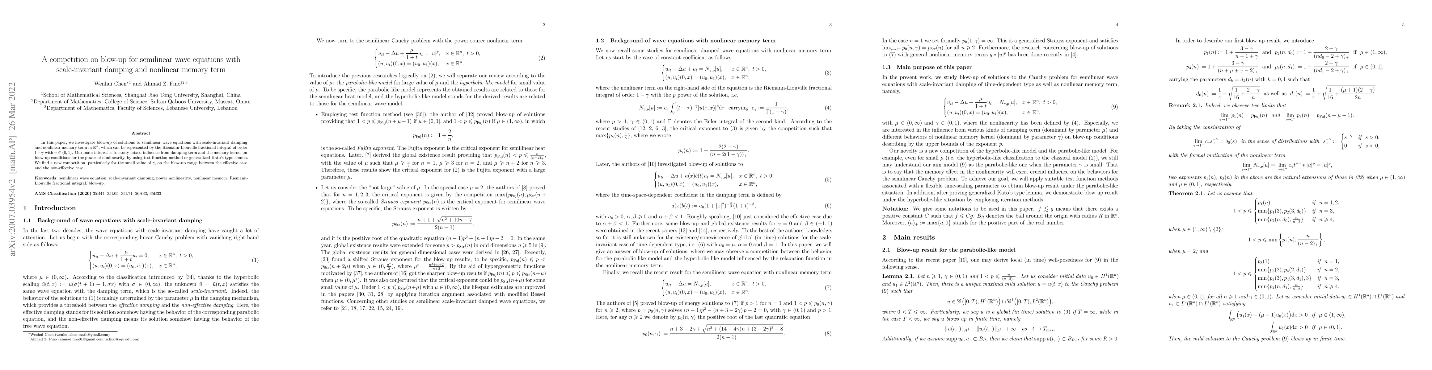 Thumbnail for A competition on blow-up for semilinear wave equations with
  scale-invariant damping and nonlinear memory term