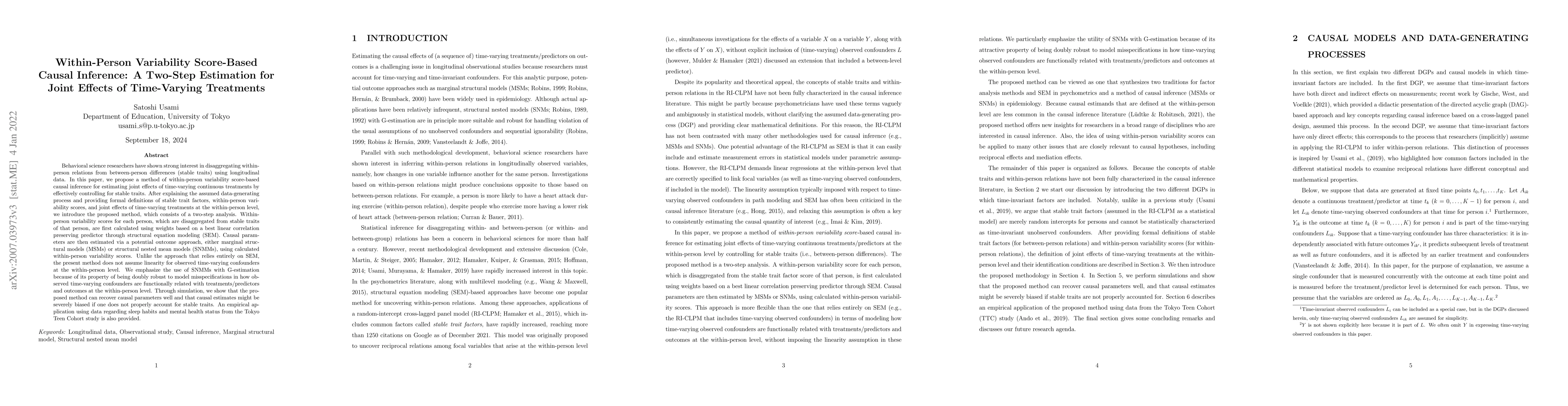 Thumbnail for Within-Person Variability Score-Based Causal Inference: A Two-Step
  Estimation for Joint Effects of Time-Varying Treatments