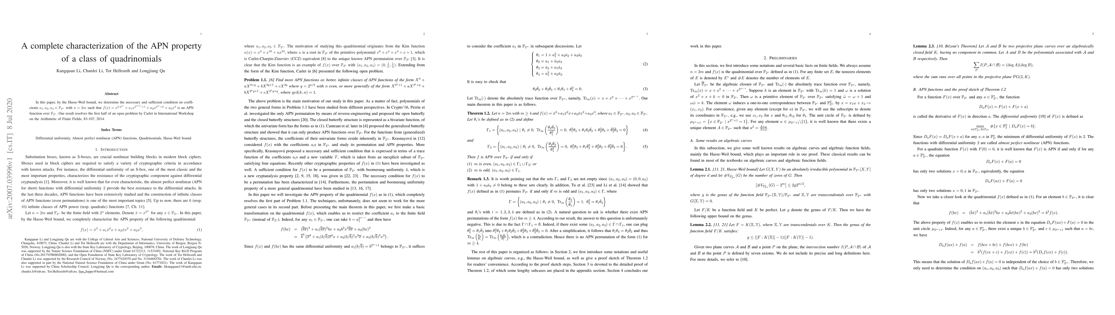 Thumbnail for A complete characterization of the APN property of a class of
  quadrinomials