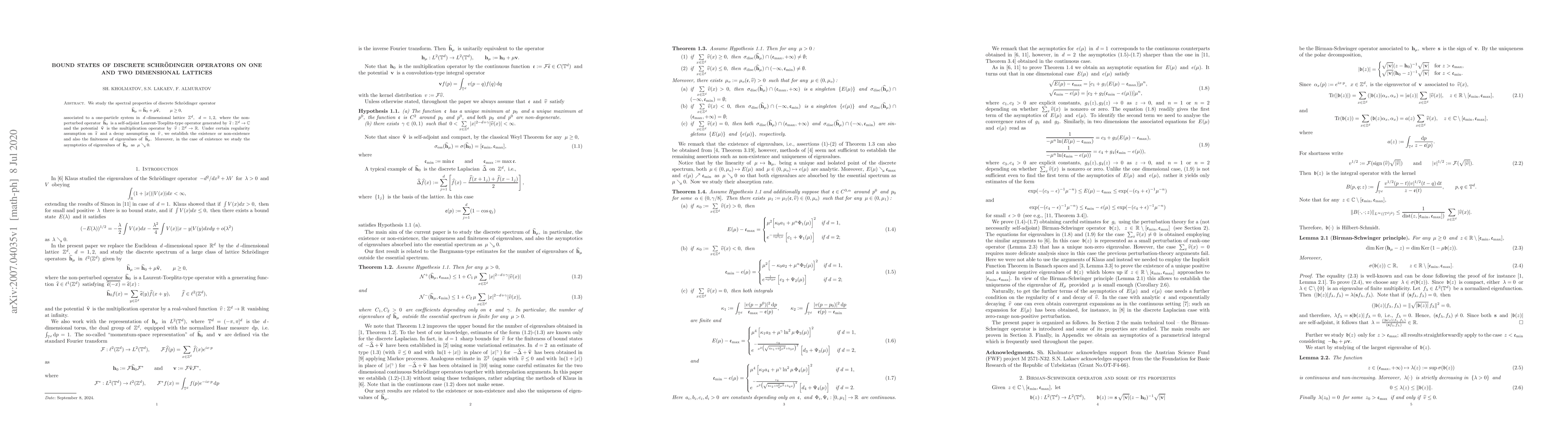 Thumbnail for Bound states of discrete Schr\"odinger operators on one and two
  dimensional lattices