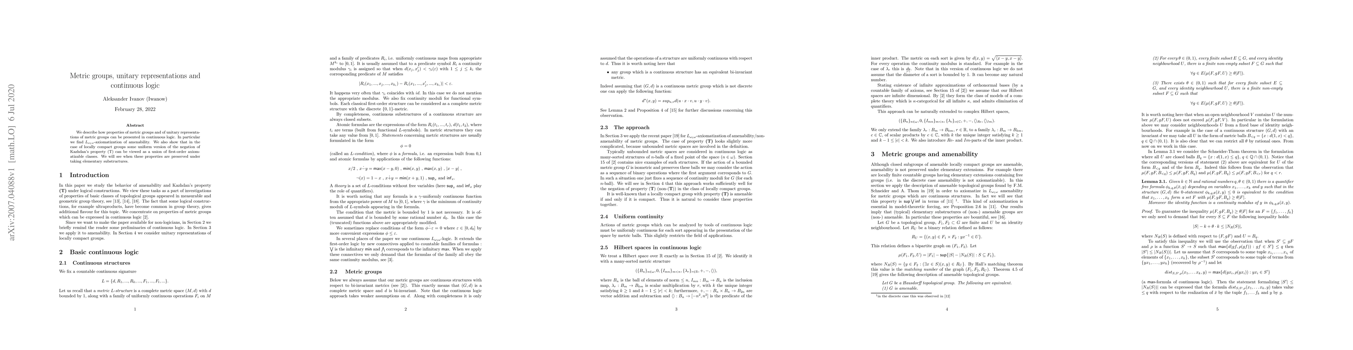 Thumbnail for Metric groups, unitary representations and continuous logic