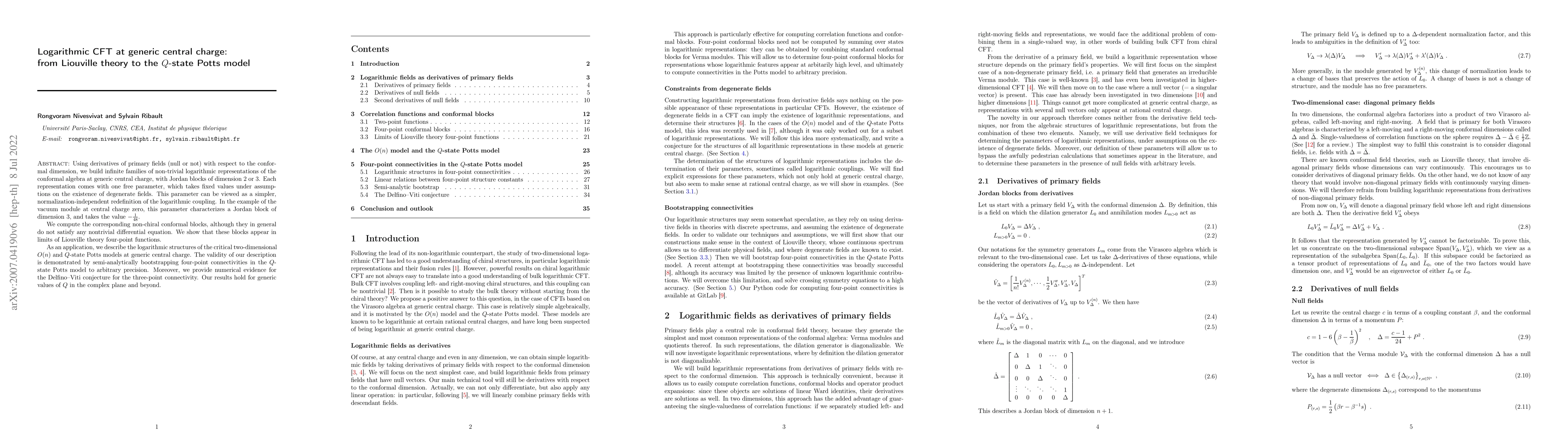 Thumbnail for Logarithmic CFT at generic central charge: from Liouville theory to the
  $Q$-state Potts model