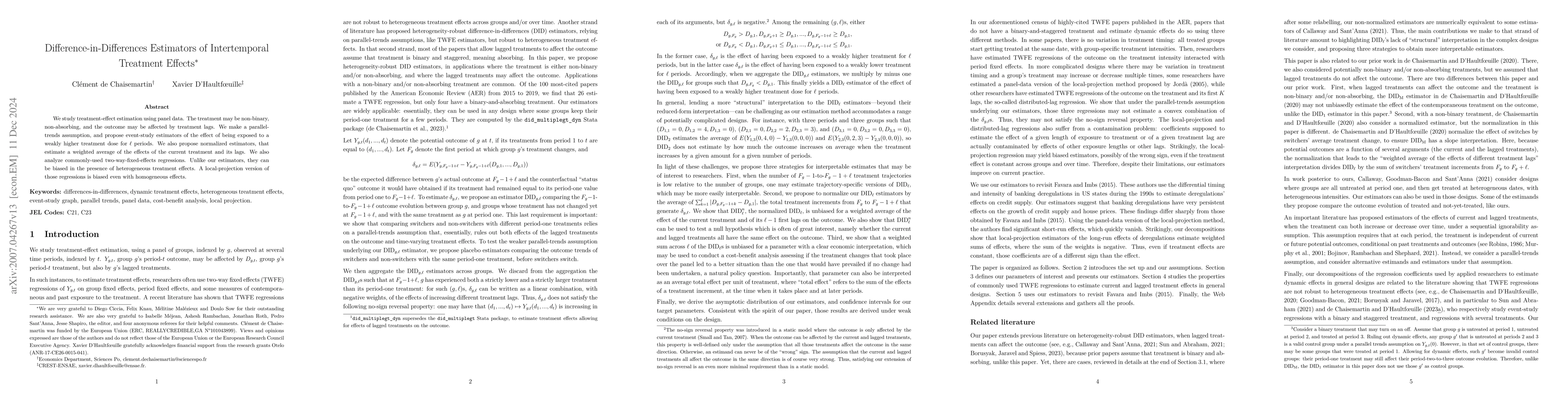 Thumbnail for Difference-in-Differences Estimators of Intertemporal Treatment Effects