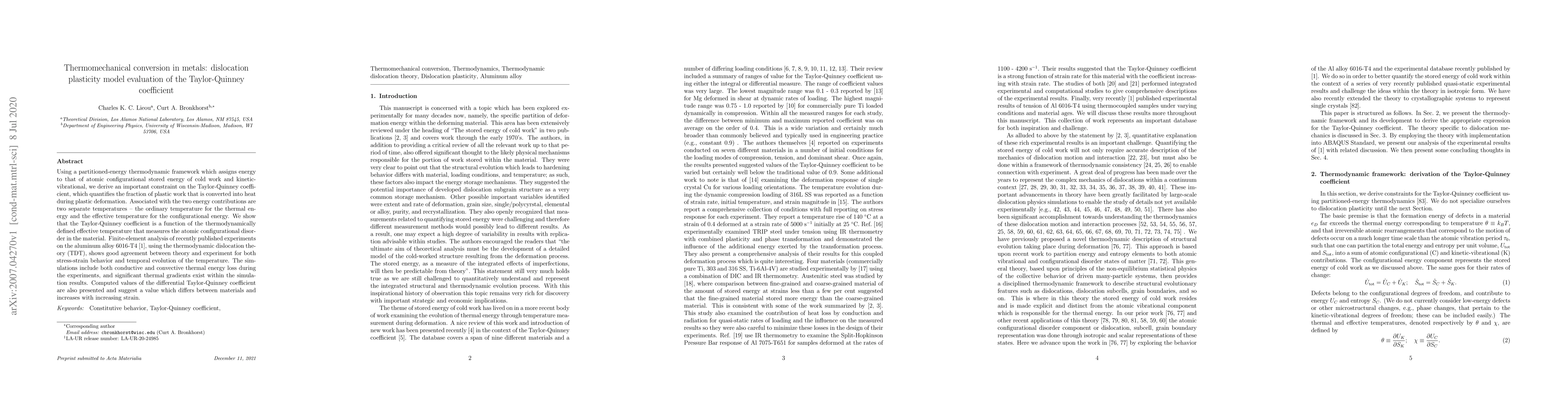 Thumbnail for Thermomechanical conversion in metals: dislocation plasticity model
  evaluation of the Taylor-Quinney coefficient