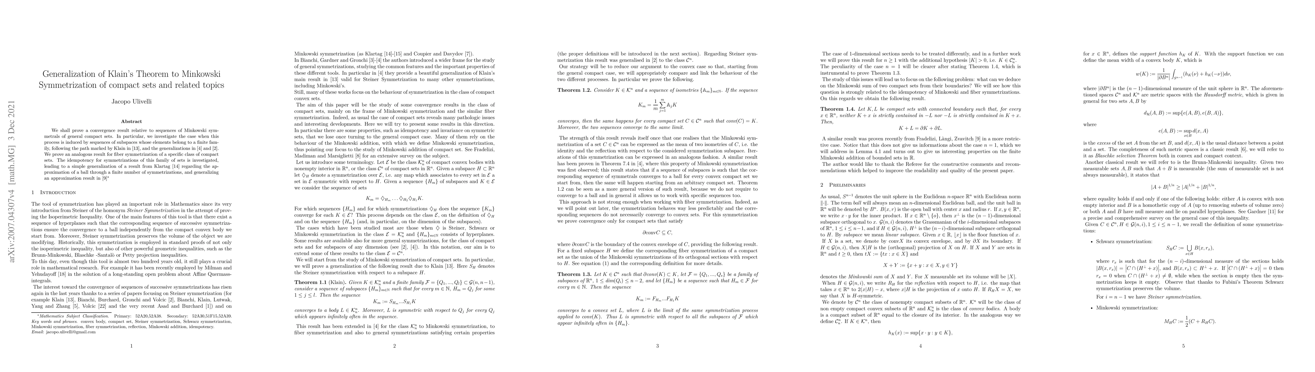 Thumbnail for Generalization of Klain's Theorem to Minkowski Symmetrization of compact
  sets and related topics