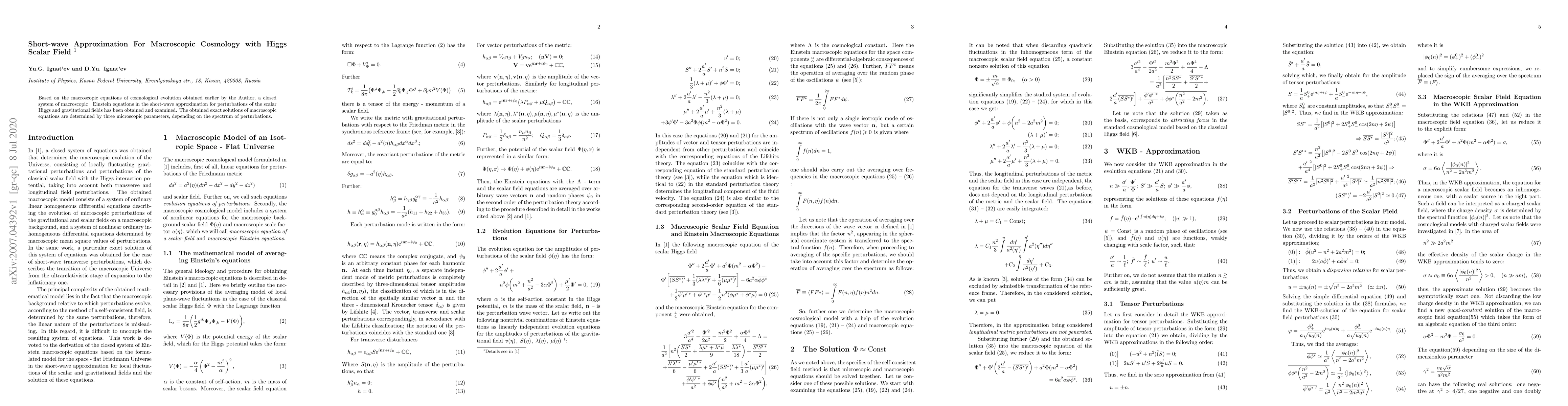 Thumbnail for Short-wave Approximation For Macroscopic Cosmology with Higgs Scalar
  Field