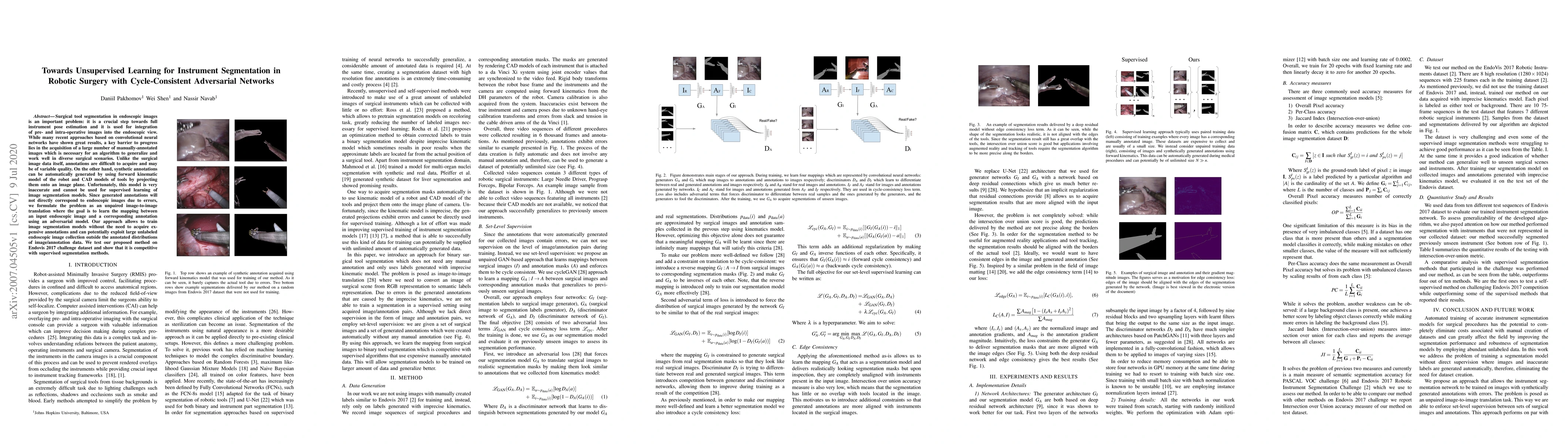 Thumbnail for Towards Unsupervised Learning for Instrument Segmentation in Robotic
  Surgery with Cycle-Consistent Adversarial Networks