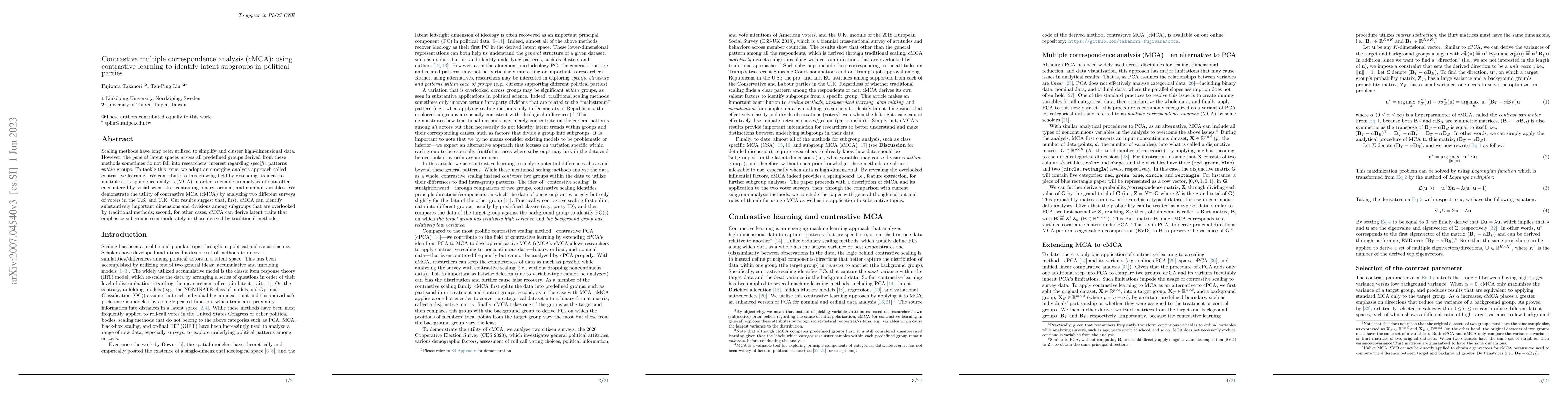Thumbnail for Contrastive Multiple Correspondence Analysis (cMCA): Using Contrastive
  Learning to Identify Latent Subgroups in Political Parties