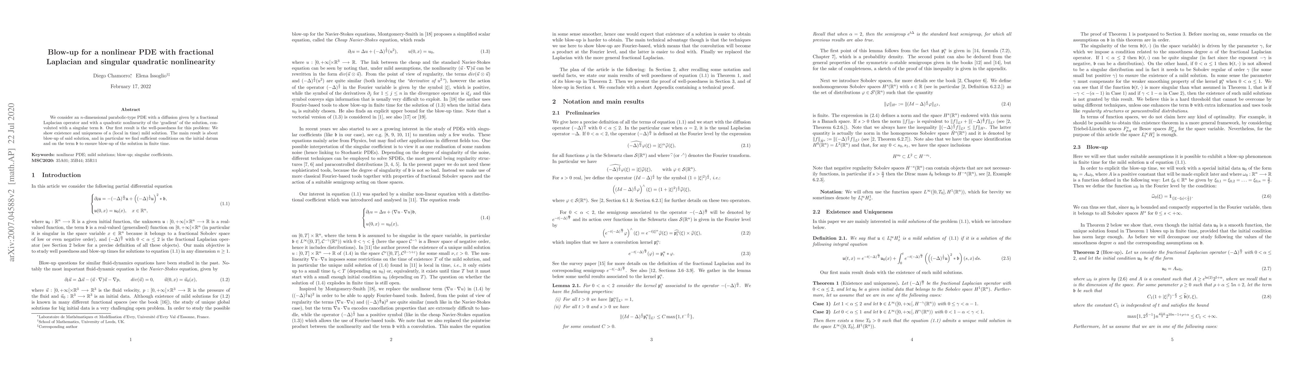 Thumbnail for Blow-up for a nonlinear PDE with fractional Laplacian and singular
  quadratic nonlinearity