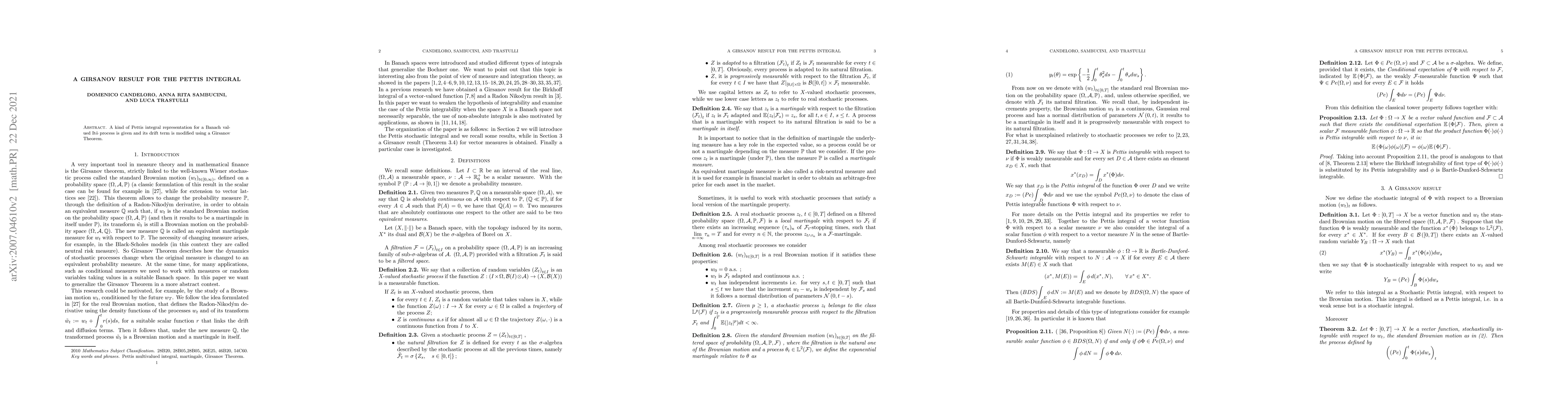 Thumbnail for A Girsanov result for the Pettis integral