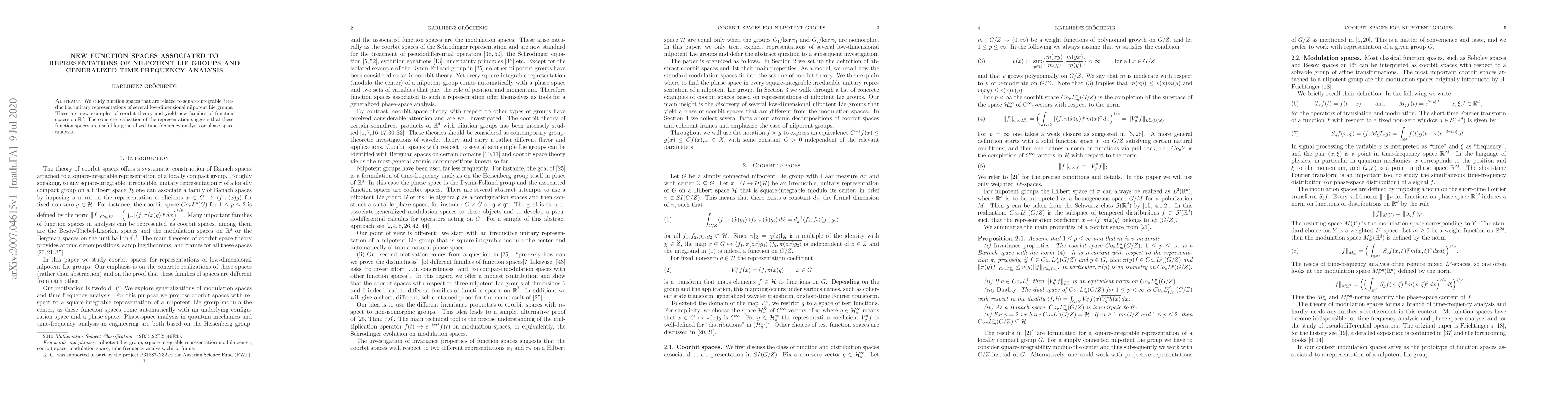 Thumbnail for New Function Spaces Associated to Representations of Nilpotent Lie
  Groups and Generalized Time-Frequency Analysis