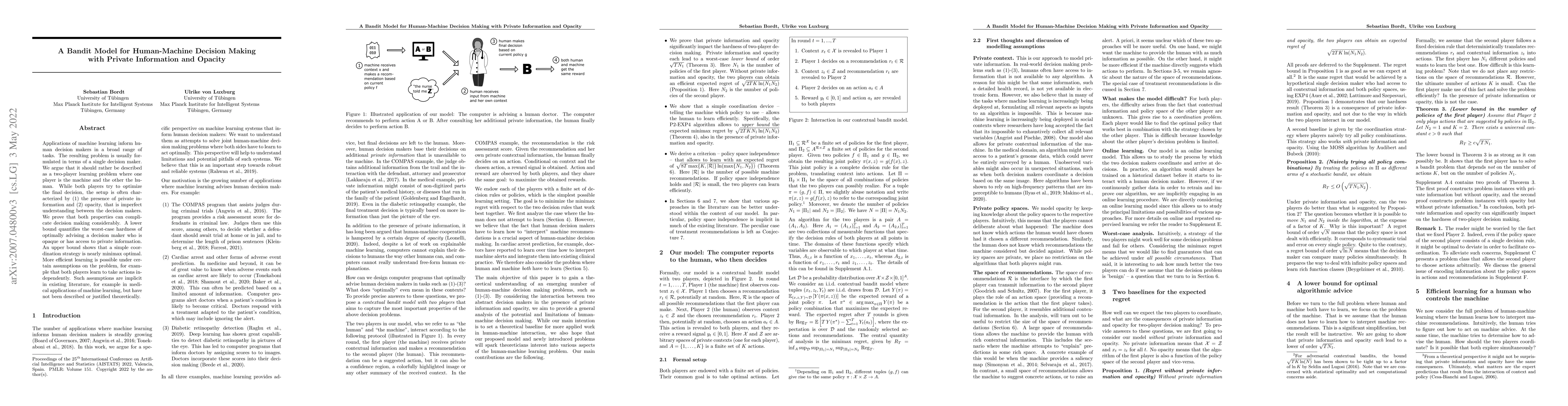 Thumbnail for A Bandit Model for Human-Machine Decision Making with Private
  Information and Opacity