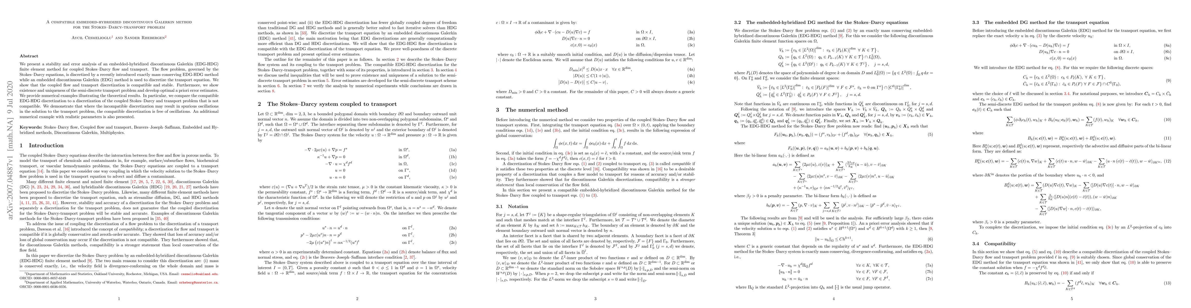 Thumbnail for A compatible embedded-hybridized discontinuous Galerkin method for the
  Stokes--Darcy-transport problem