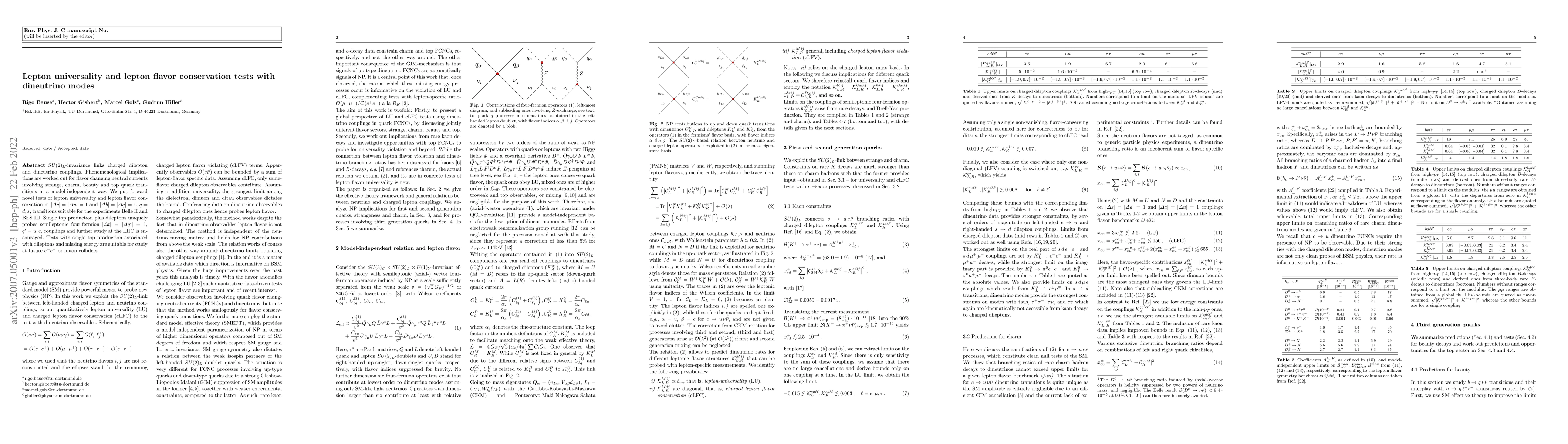 Thumbnail for Lepton universality and lepton flavor conservation tests with dineutrino
  modes