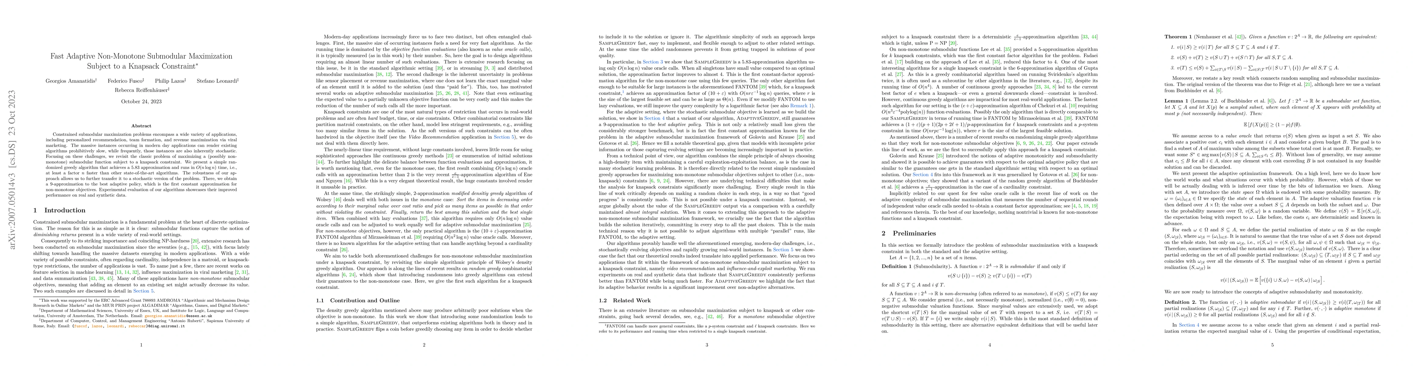 Thumbnail for Fast Adaptive Non-Monotone Submodular Maximization Subject to a Knapsack
  Constraint
