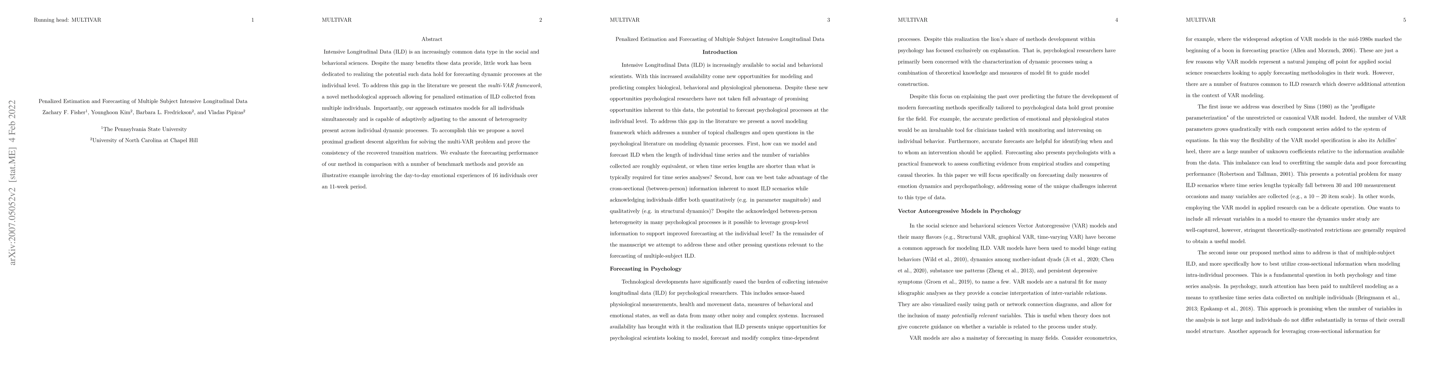 Thumbnail for Penalized Estimation and Forecasting of Multiple Subject Intensive
  Longitudinal Data