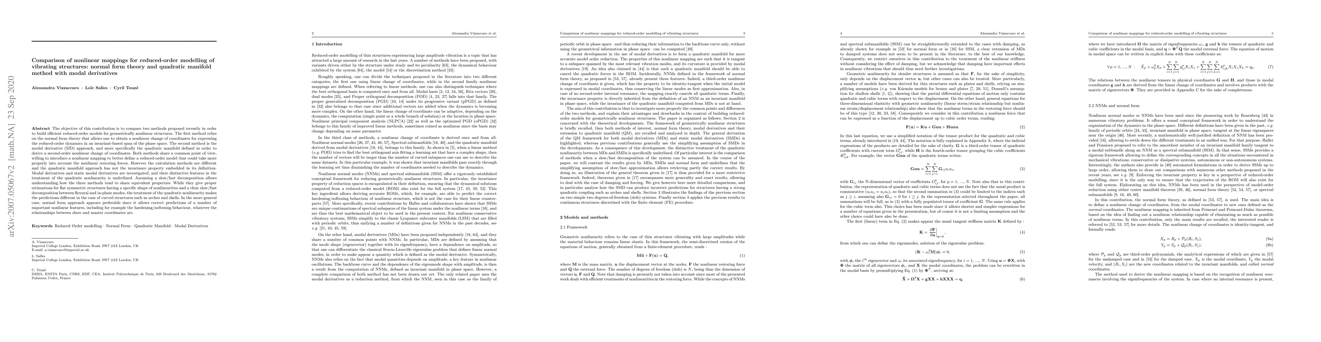 Thumbnail for Comparison of nonlinear mappings for reduced-order modelling of
  vibrating structures: normal form theory and quadratic manifold method with
  modal derivatives