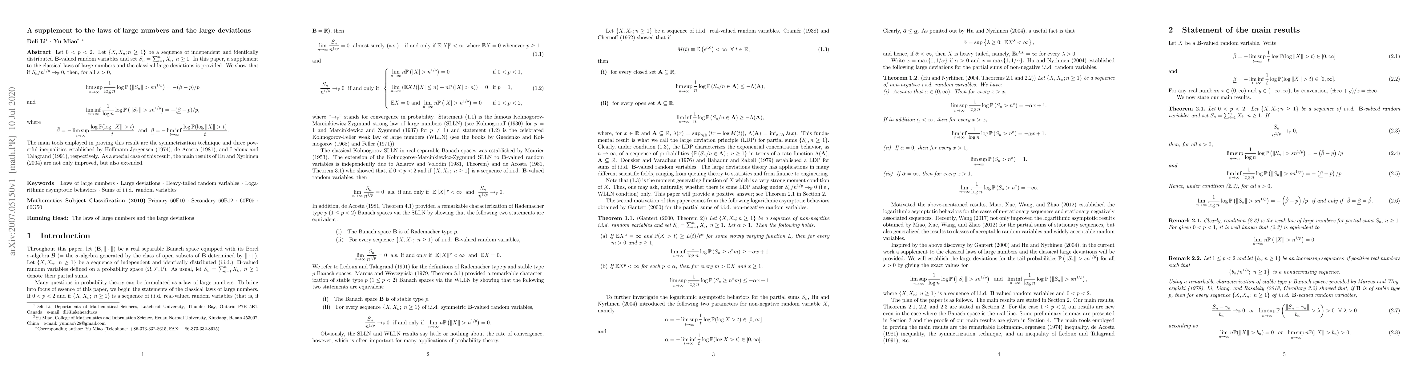 Thumbnail for A supplement to the laws of large numbers and the large deviations