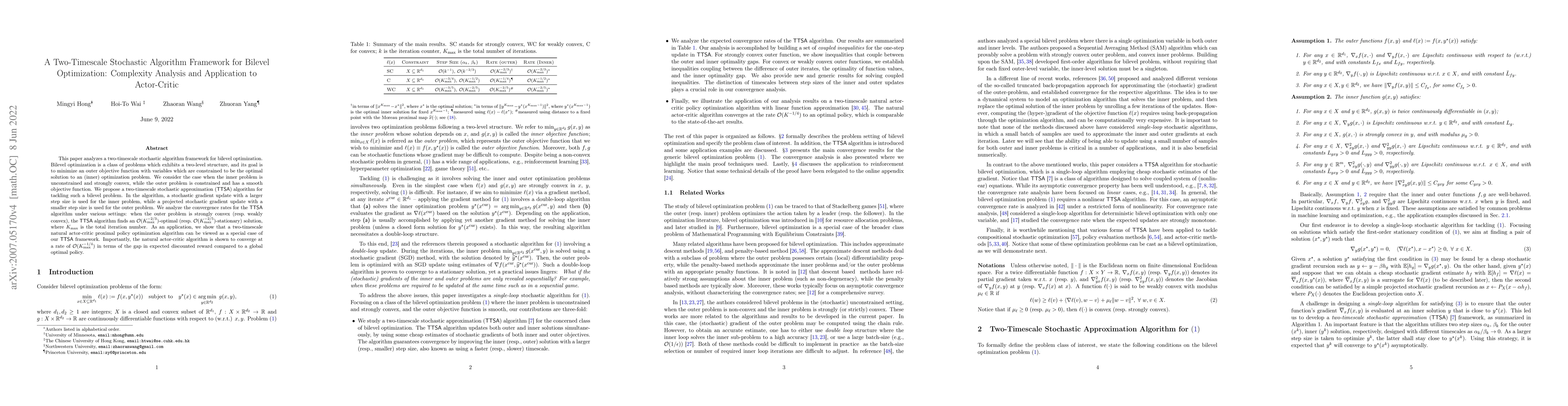 Thumbnail for A Two-Timescale Framework for Bilevel Optimization: Complexity Analysis
  and Application to Actor-Critic