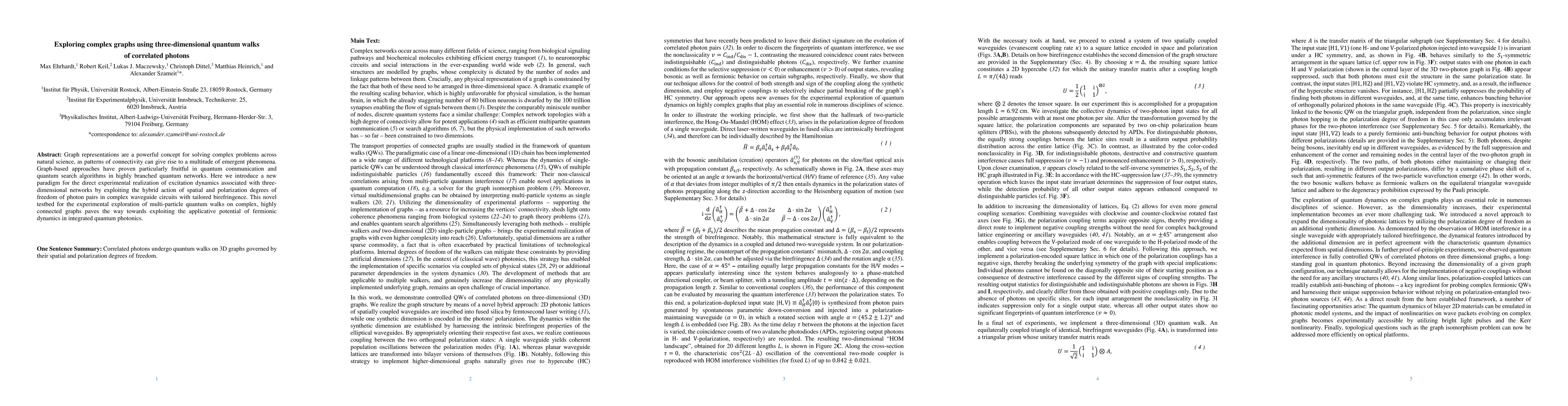 Thumbnail for Exploring complex graphs using three-dimensional quantum walks of
  correlated photons