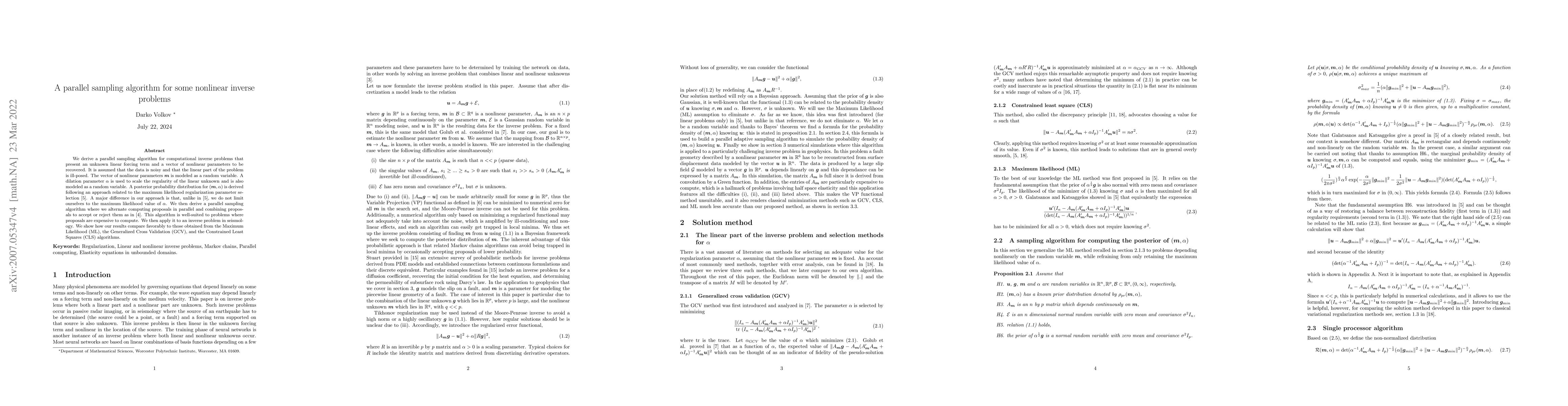 Thumbnail for A parallel sampling algorithm for inverse problems with linear and
  nonlinear unknowns