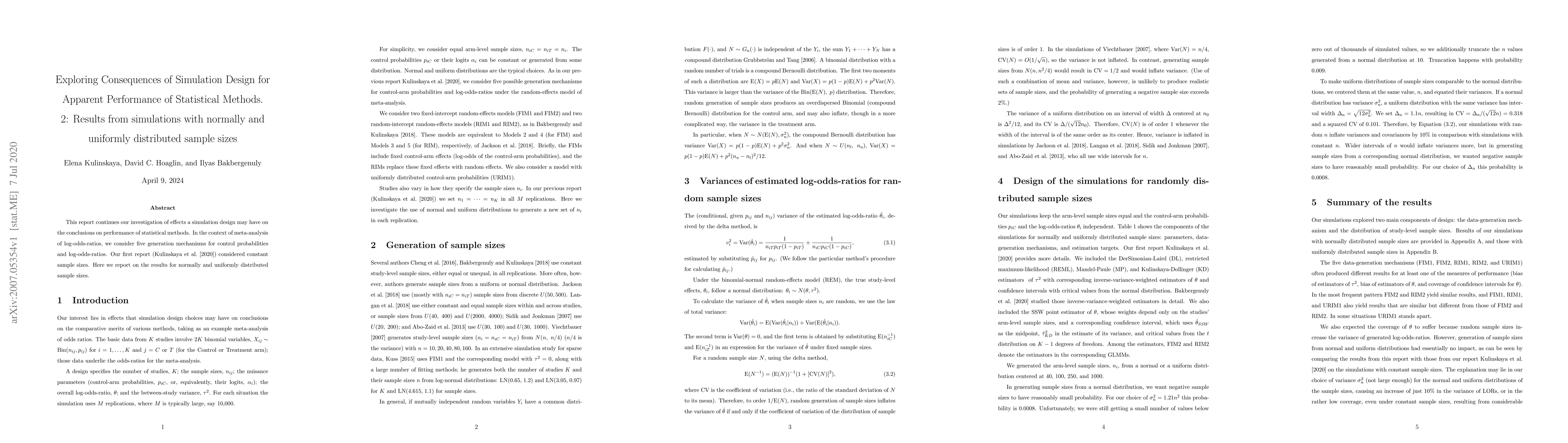 Thumbnail for Exploring Consequences of Simulation Design for Apparent Performance of
  Statistical Methods. 2: Results from simulations with normally and uniformly
  distributed sample sizes
